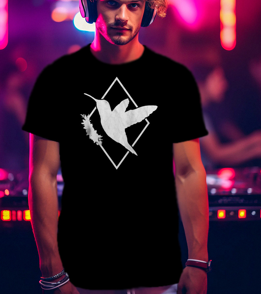Humming Bird I Spirit Animal White Silhouette On Geometric T-Shirt