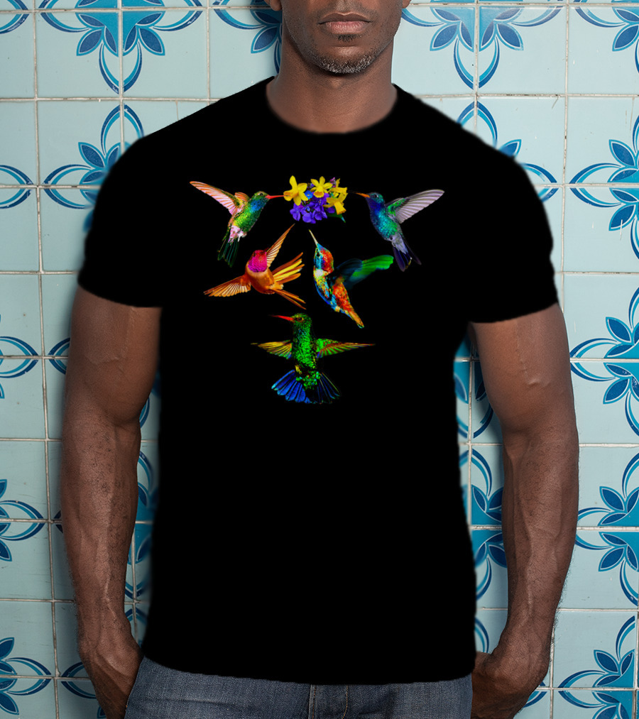 Hummingbird Lovers Colorful Birds With Flowers T-Shirt