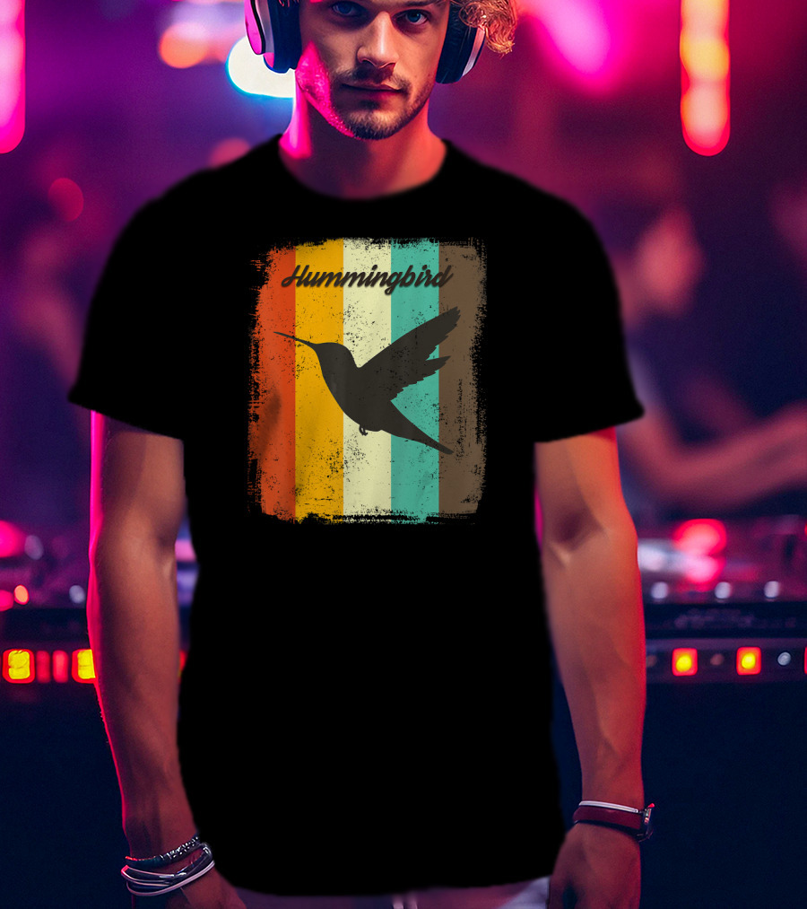 70s Vintage Hummingbird Silhouette Retro Stripes T-Shirt