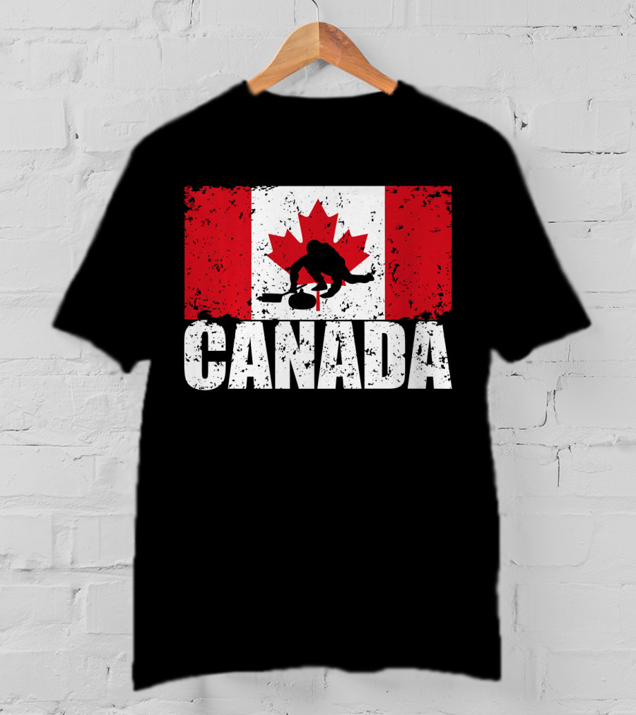 Canadian Flag Curling Silhouette Against Distressed Flag Design With Bold Canada Lettering T-Shirt