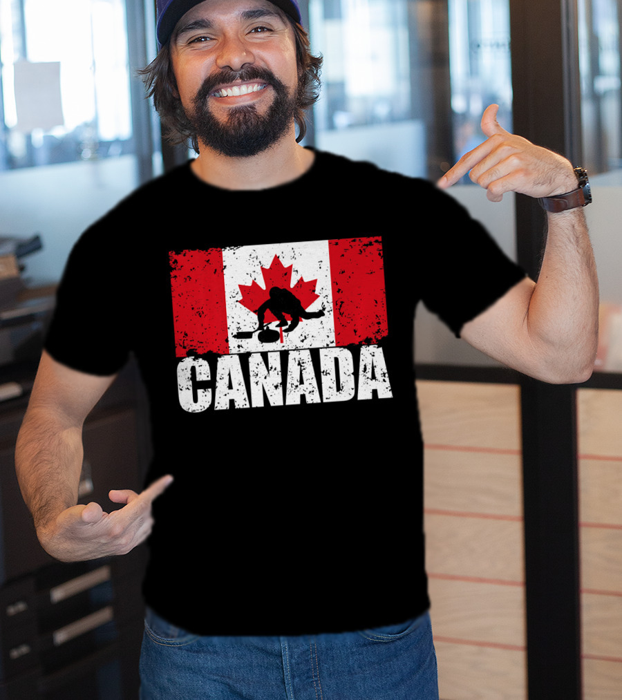 Canadian Flag Curling Silhouette Against Distressed Flag Design With Bold Canada Lettering T-Shirt