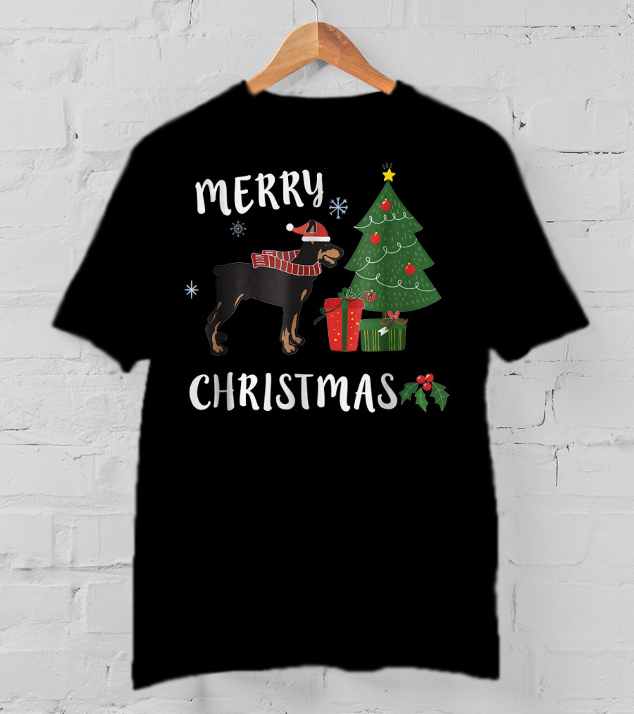 Merry Christmas Doberman With Santa Hat And Christmas Tree T-Shirt