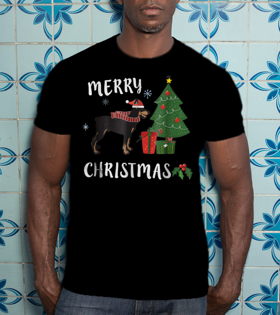 Merry Christmas Doberman With Santa Hat And Christmas Tree T-Shirt