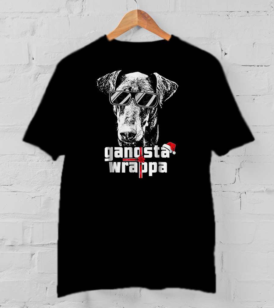 Doberman Pinscher Gangsta Wrappa Christmas Santa Hat Sunglasses T-Shirt