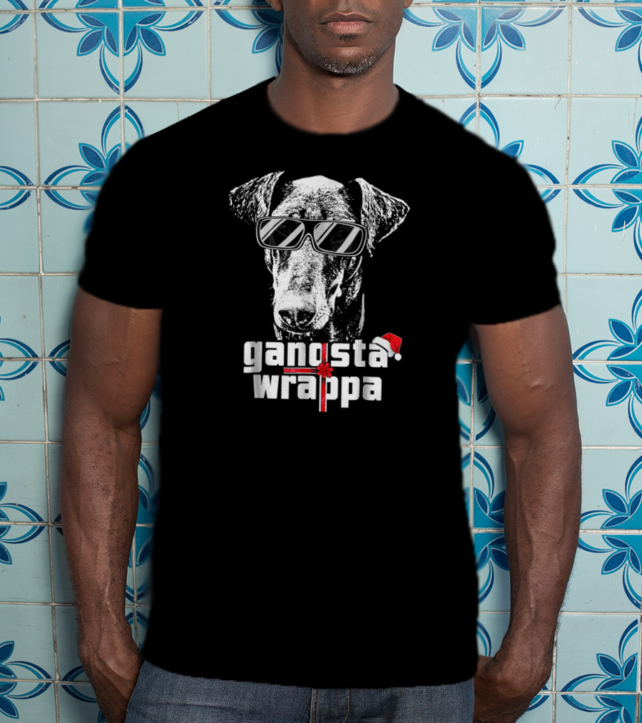 Doberman Pinscher Gangsta Wrappa Christmas Santa Hat Sunglasses T-Shirt