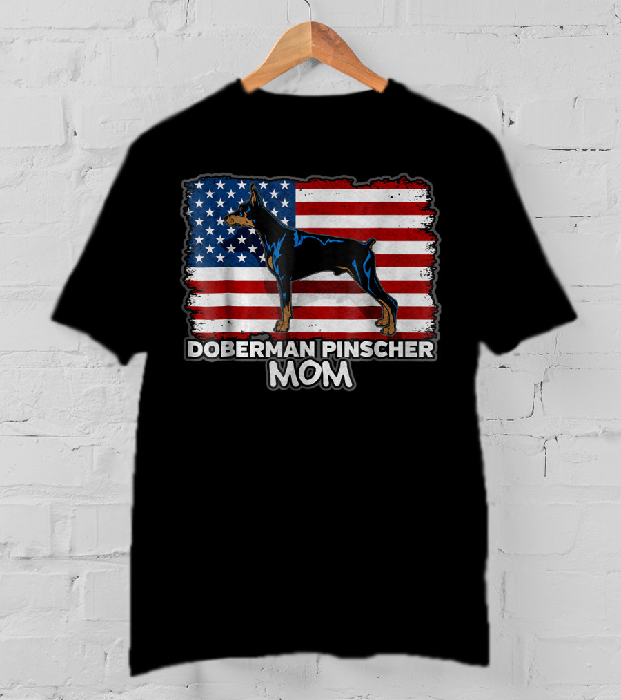 Doberman Pinscher Mom American Flag Background T-Shirt