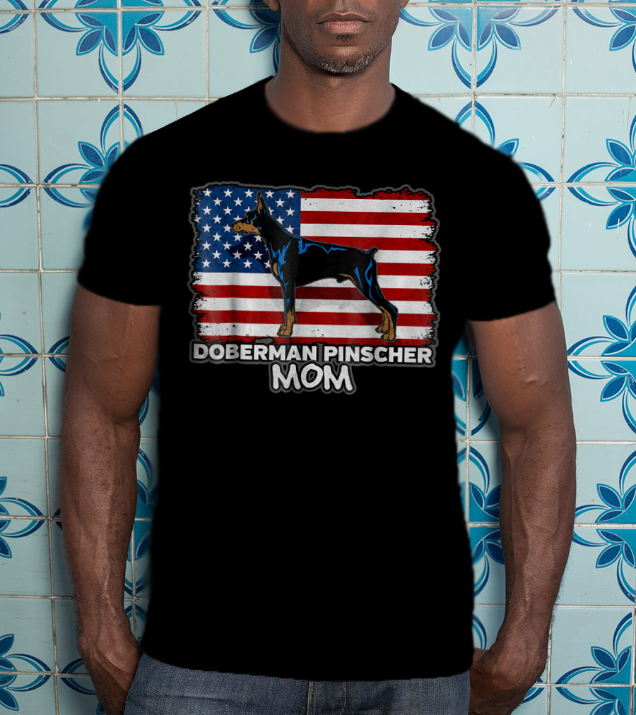 Doberman Pinscher Mom American Flag Background T-Shirt