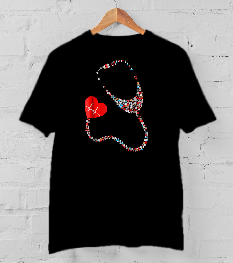 Doctor Or Nurse Stethoscope With Red Heart Icon And Medical Symbols T-Shirt