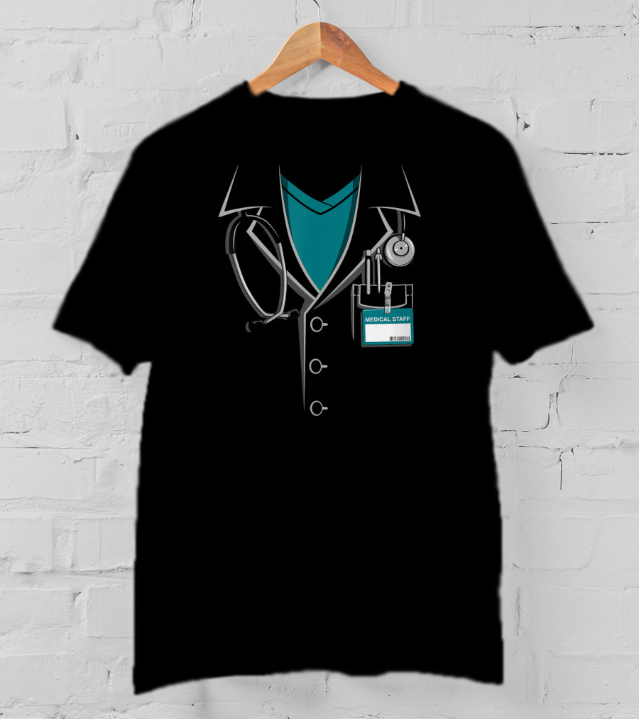 Medical Staff Doctor White Lab Coat With Stethoscope And ID Badge T-Shirt