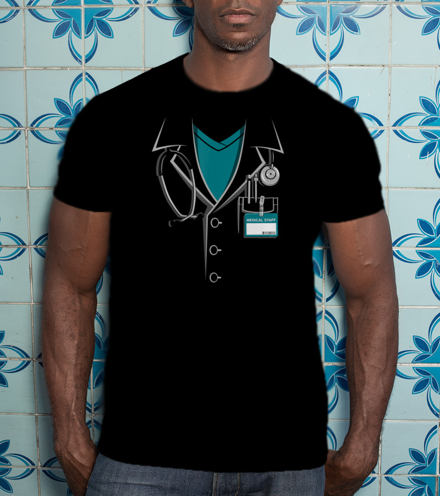 Medical Staff Doctor White Lab Coat With Stethoscope And ID Badge T-Shirt