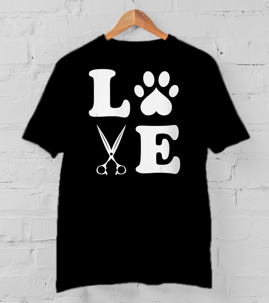 LOVE Dog Grooming With Scissors And Paw Prints T-Shirt