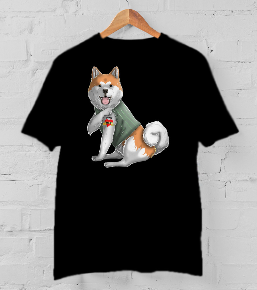 Akita Inu I Love Mom Tattoo Dog With Heart Tattoo Wearing Vest T-Shirt