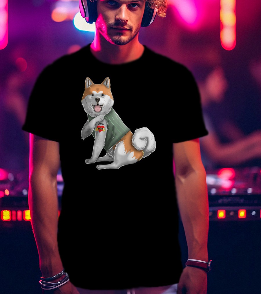 Akita Inu I Love Mom Tattoo Dog With Heart Tattoo Wearing Vest T-Shirt