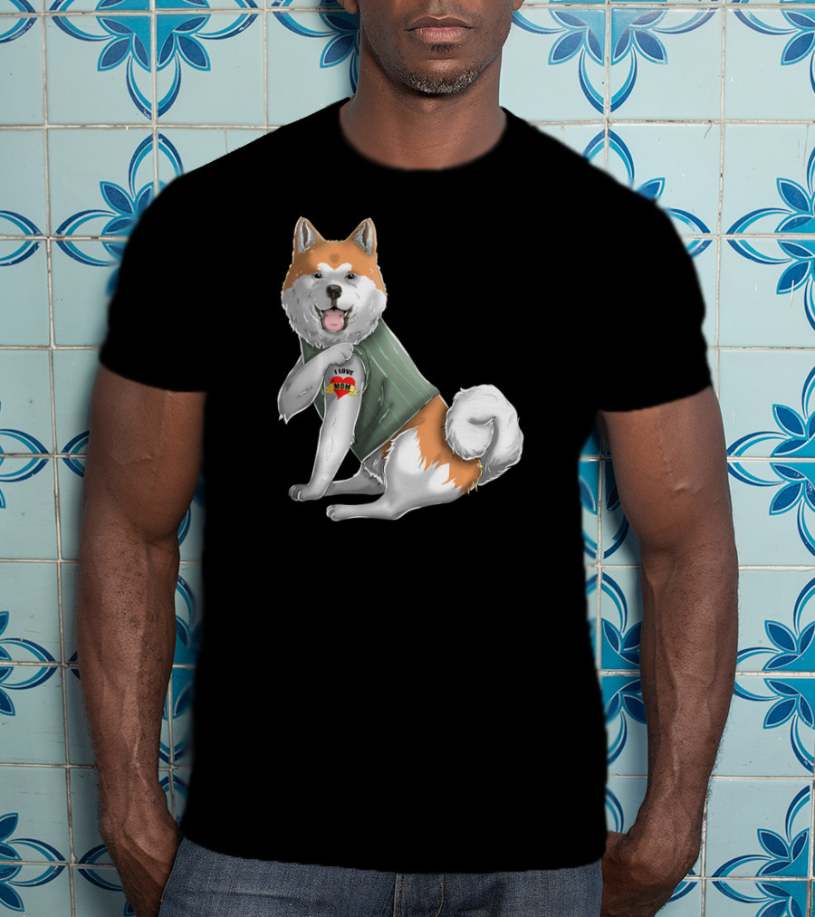 Akita Inu I Love Mom Tattoo Dog With Heart Tattoo Wearing Vest T-Shirt