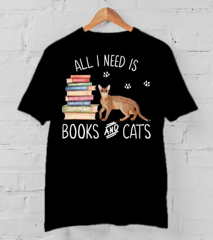 All I Need Is Books And Cats With Stack Of Colorful Books And Cat Paws T-Shirt