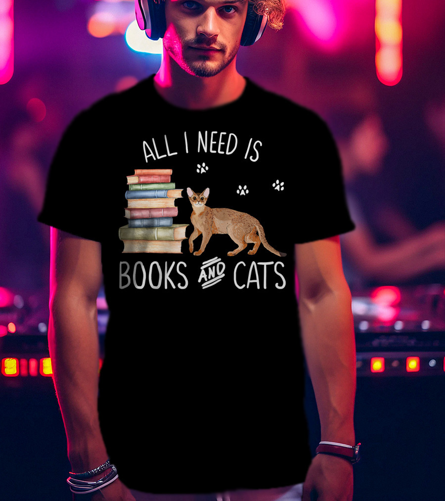 All I Need Is Books And Cats With Stack Of Colorful Books And Cat Paws T-Shirt