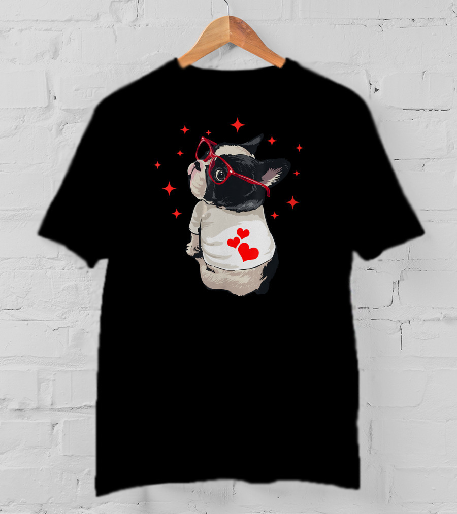 American Boston Terrier Red Glasses Hearts Stars T-Shirt