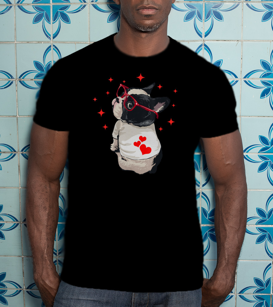 American Boston Terrier Red Glasses Hearts Stars T-Shirt