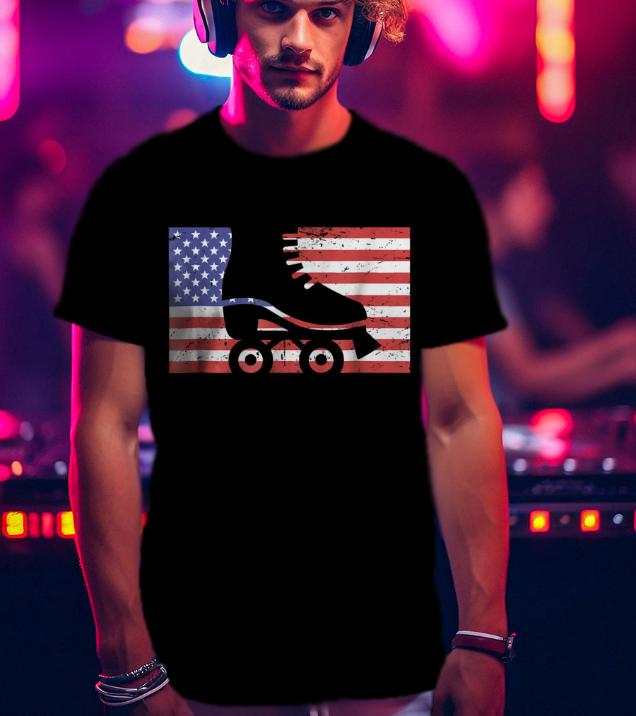 American Flag With Roller Skate T-Shirt