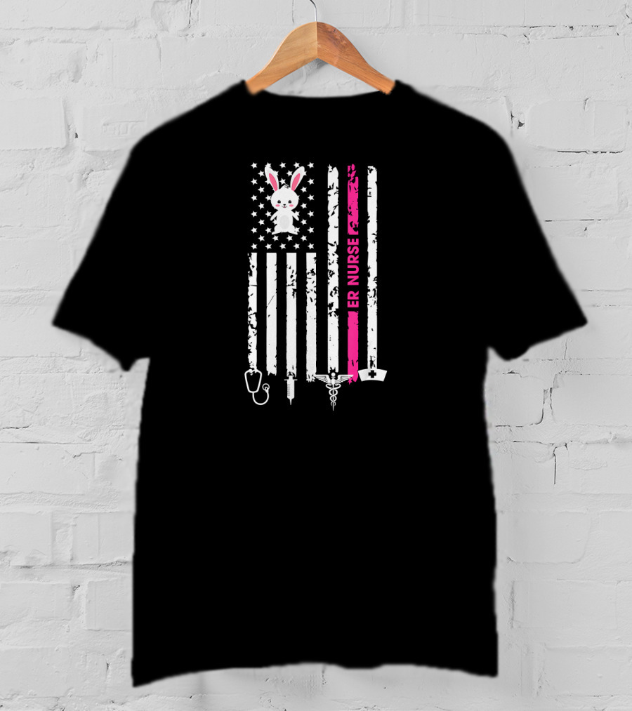 American Flag Bunny ER Nurse Easter Graphic With Medical Symbols T-Shirt