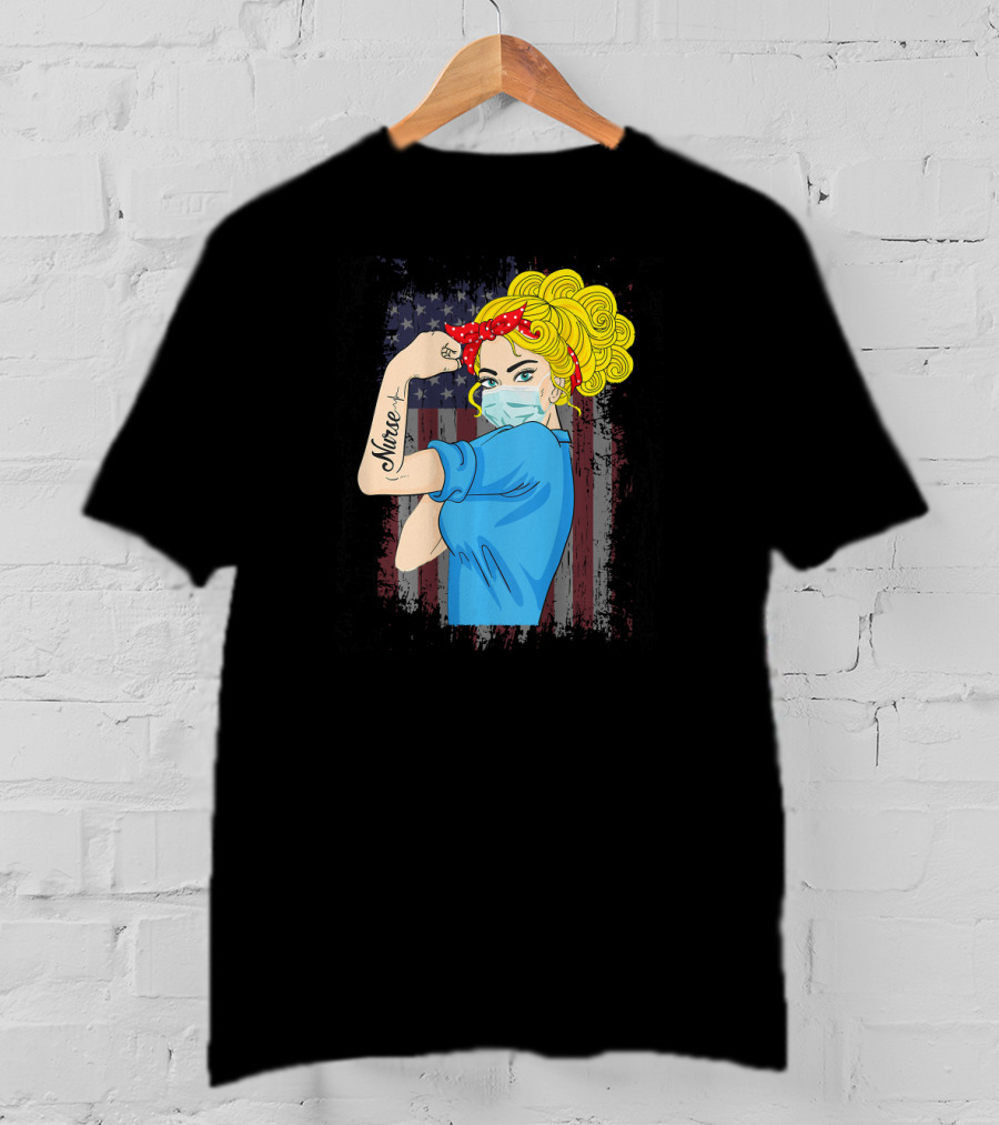 American Flag Nurse Strong Woman Tattoo Rosie Riveter T-Shirt