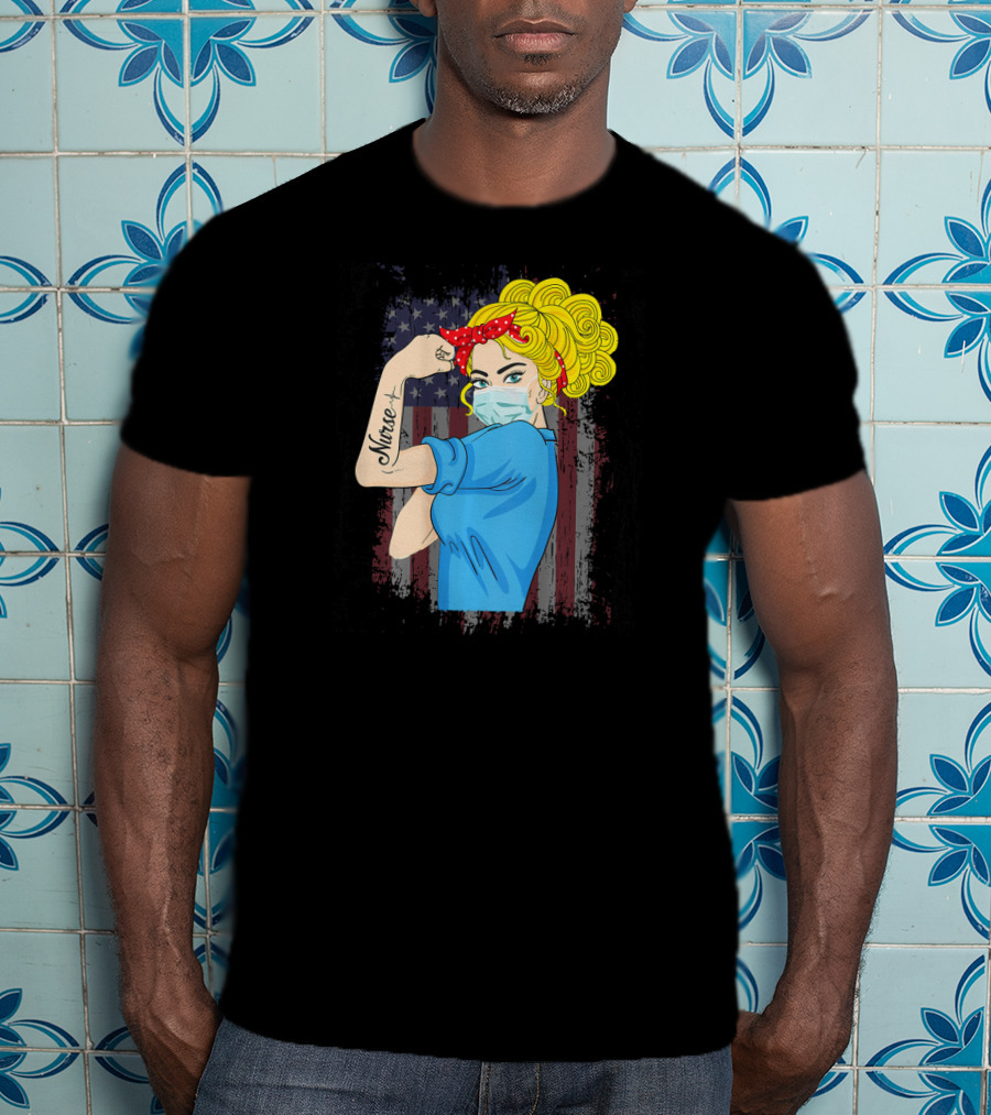 American Flag Nurse Strong Woman Tattoo Rosie Riveter T-Shirt