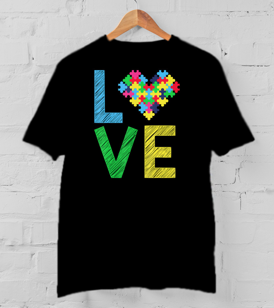 Autism Awareness Love Puzzle Heart Colorful Letters T-Shirt