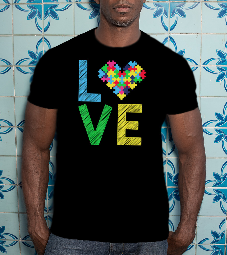 Autism Awareness Love Puzzle Heart Colorful Letters T-Shirt