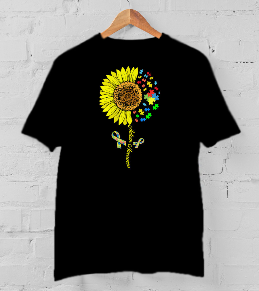 Autism Awareness Puzzle Ribbon Sunflower T-Shirt