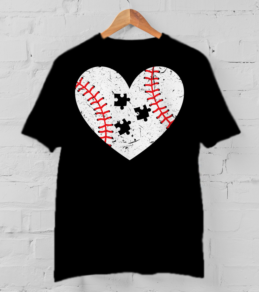 Baseball Heart Autism Puzzle Love T-Shirt