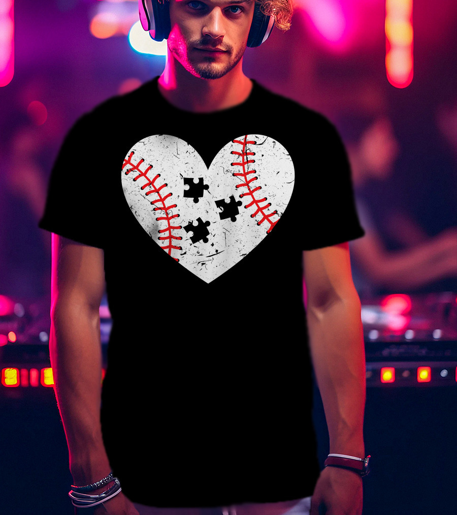 Baseball Heart Autism Puzzle Love T-Shirt