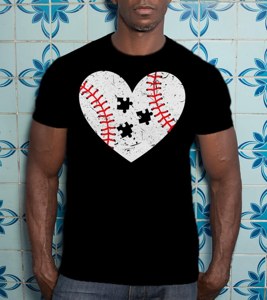 Baseball Heart Autism Puzzle Love T-Shirt