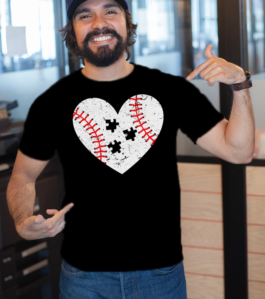 Baseball Heart Autism Puzzle Love T-Shirt