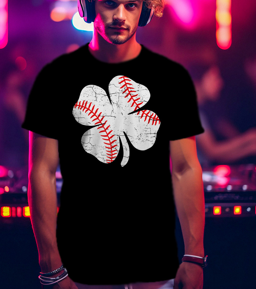 Baseball Patricks Day Boys Me Shamrock Stitch T-Shirt