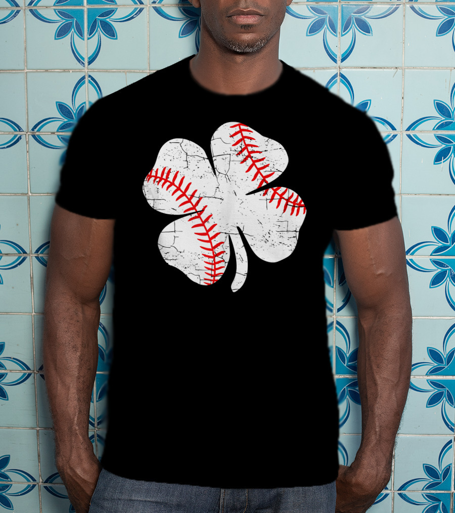Baseball Patricks Day Boys Me Shamrock Stitch T-Shirt