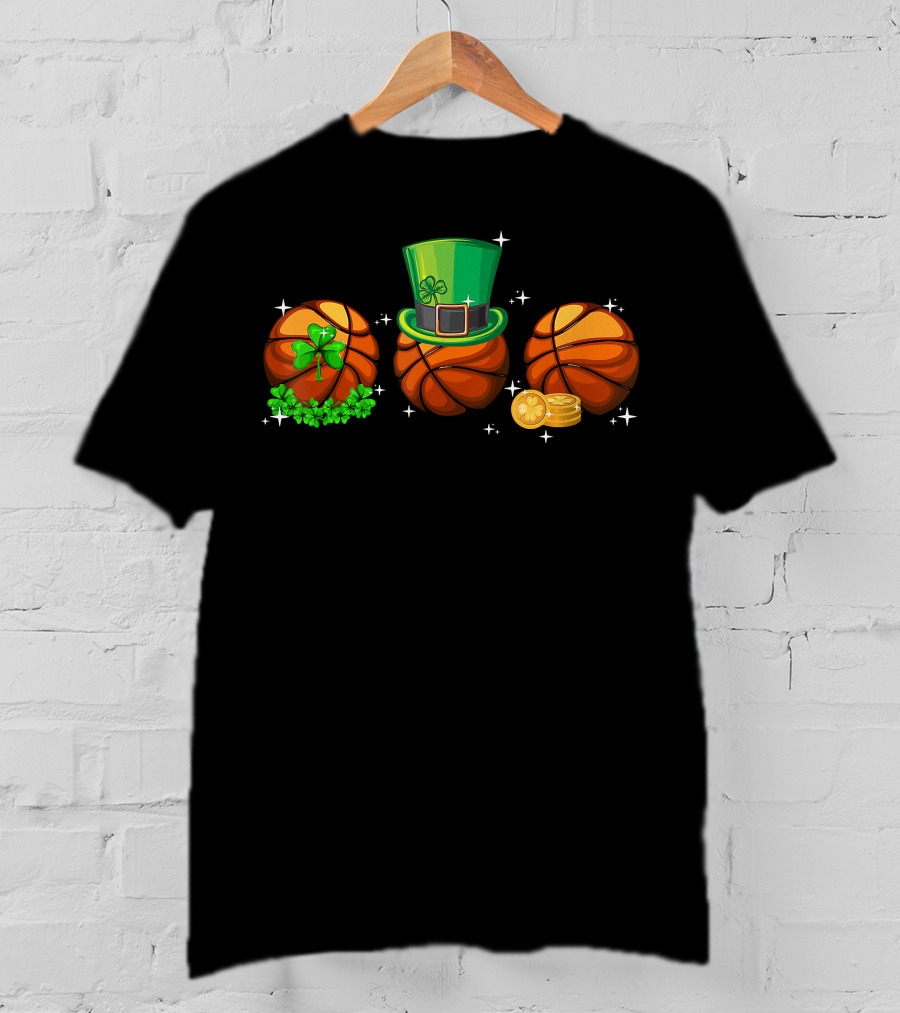 Basketball Trio With Leprechaun Hat Shamrocks And Gold Coins T-Shirt