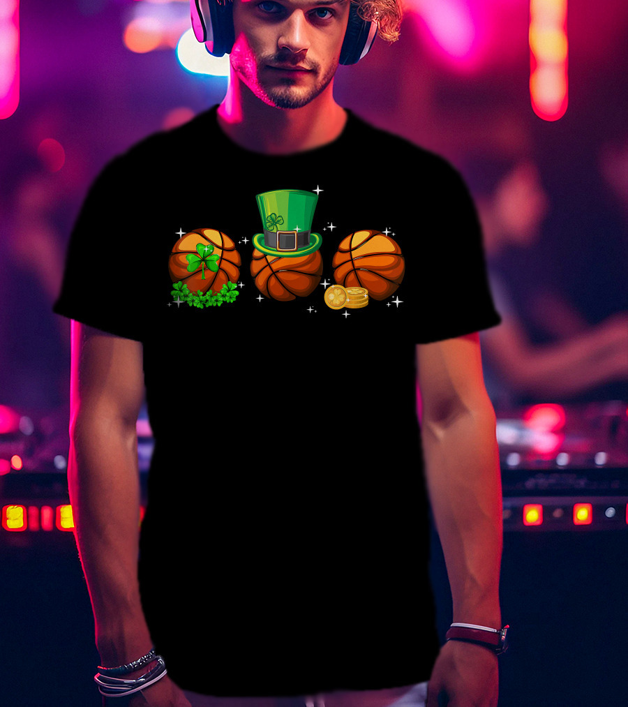 Basketball Trio With Leprechaun Hat Shamrocks And Gold Coins T-Shirt