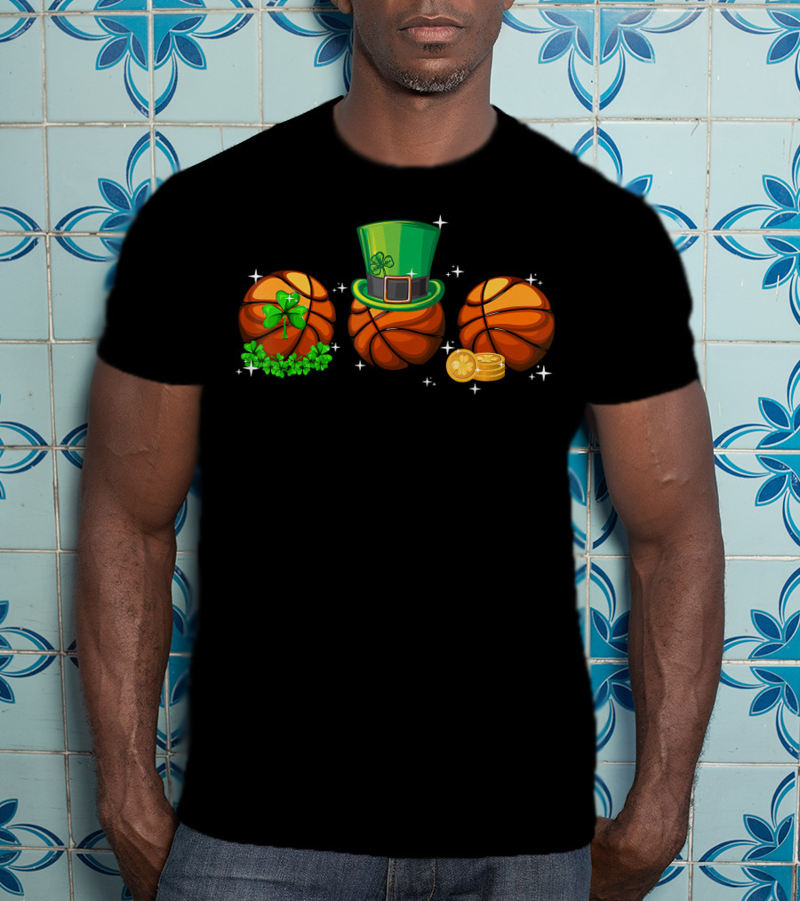 Basketball Trio With Leprechaun Hat Shamrocks And Gold Coins T-Shirt