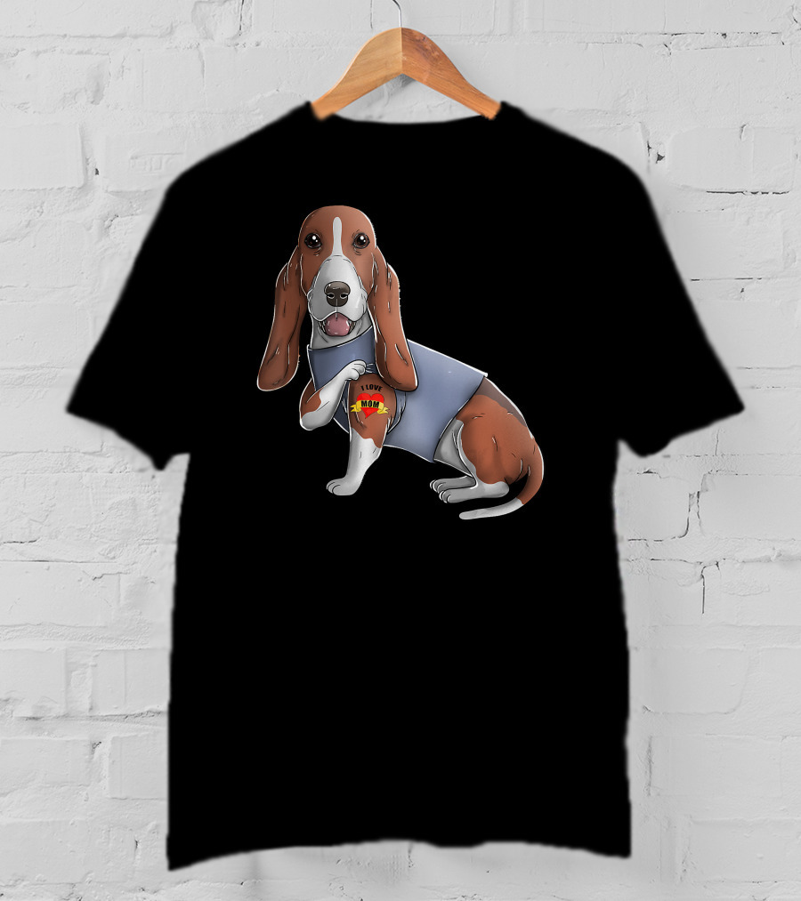 Basset Hound With I Love Mom Heart Tattoo T-Shirt