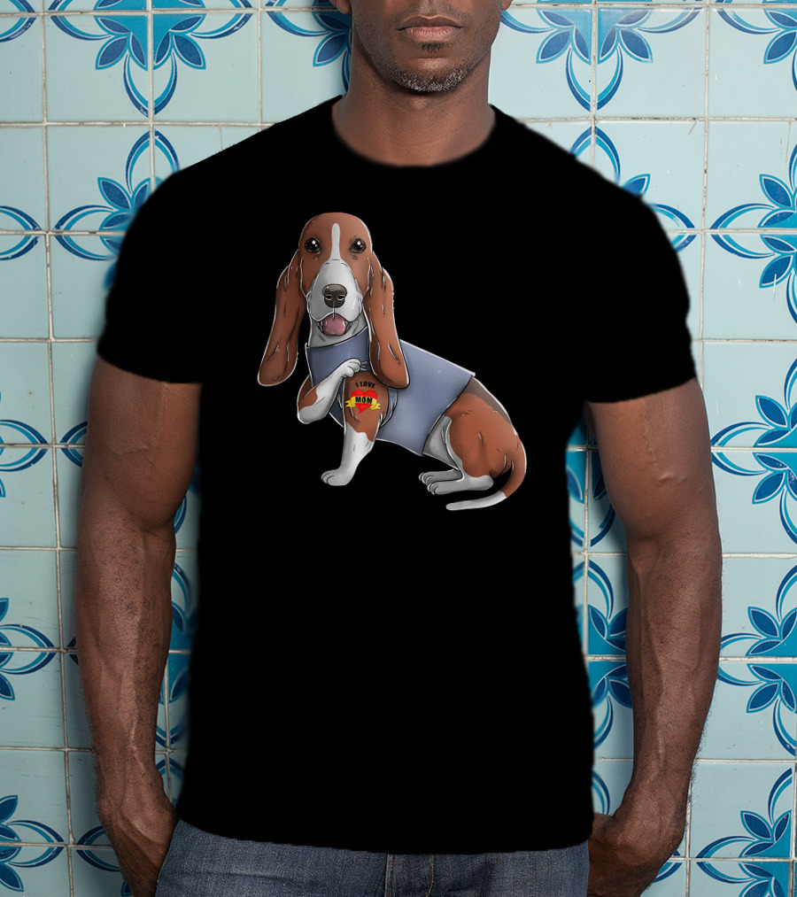 Basset Hound With I Love Mom Heart Tattoo T-Shirt