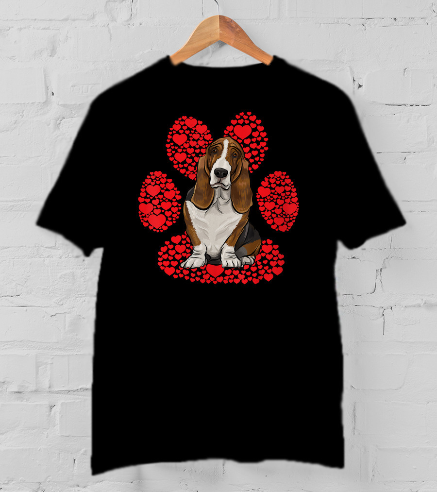 Basset Hound Valentines Day Dog With Heart Paw Background T-Shirt