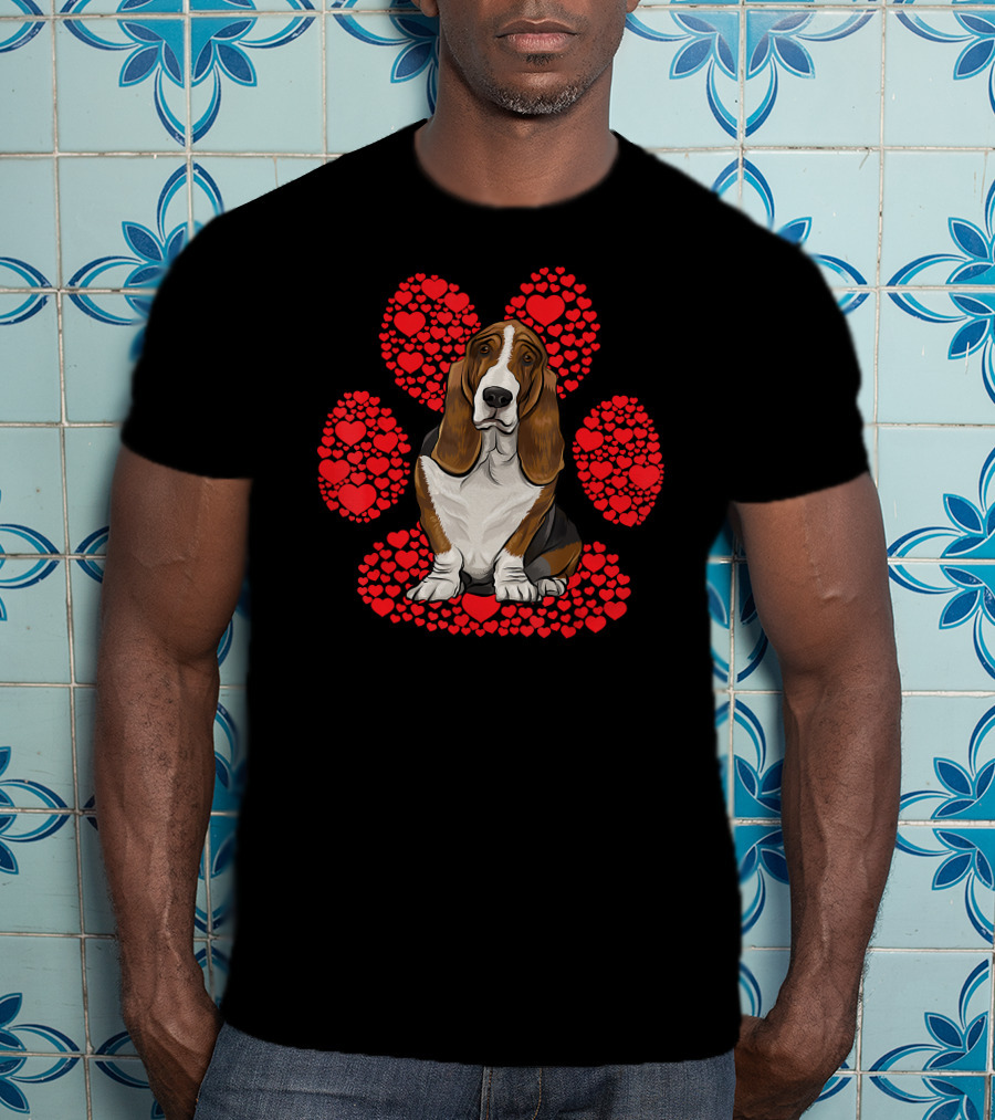 Basset Hound Valentines Day Dog With Heart Paw Background T-Shirt