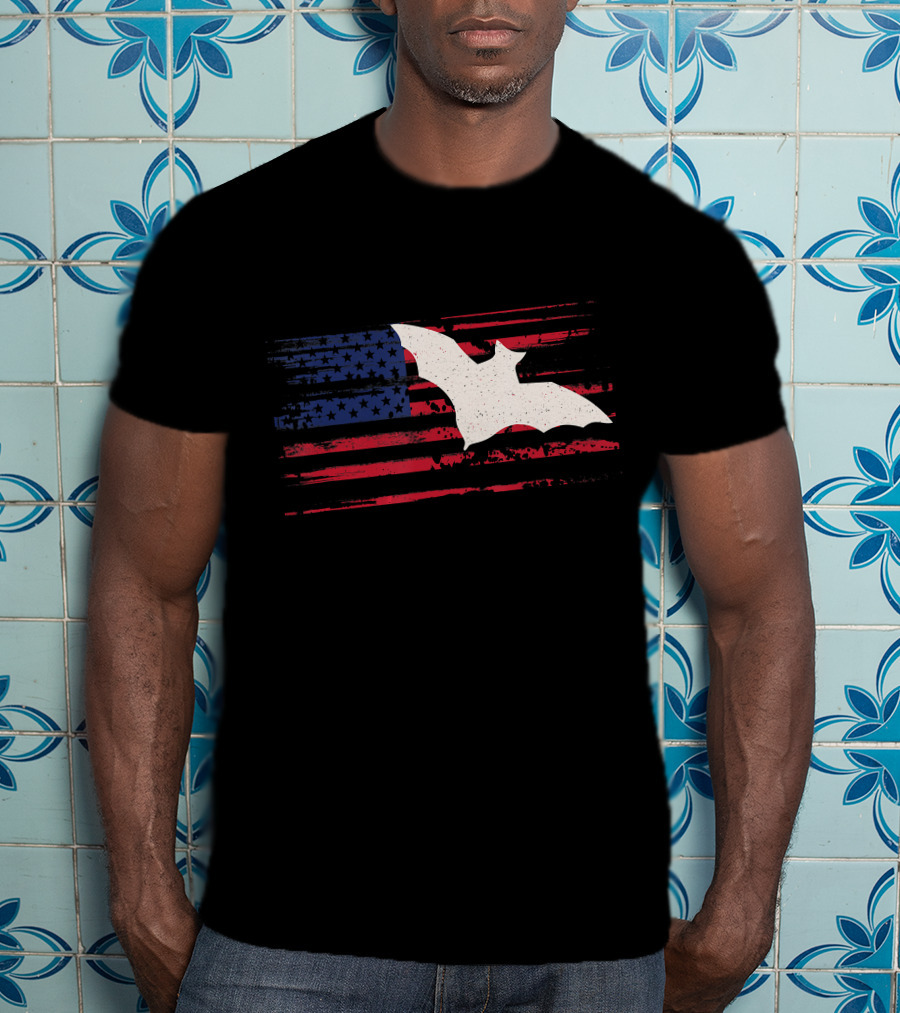 Bat Silhouette US American Flag Stripes And Stars T-Shirt