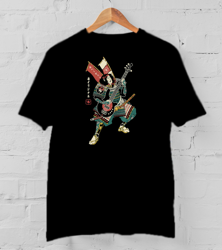 BASSIST SAMURAI No7 Vintage Japanese Warrior Playing Bass Guitar T-Shirt