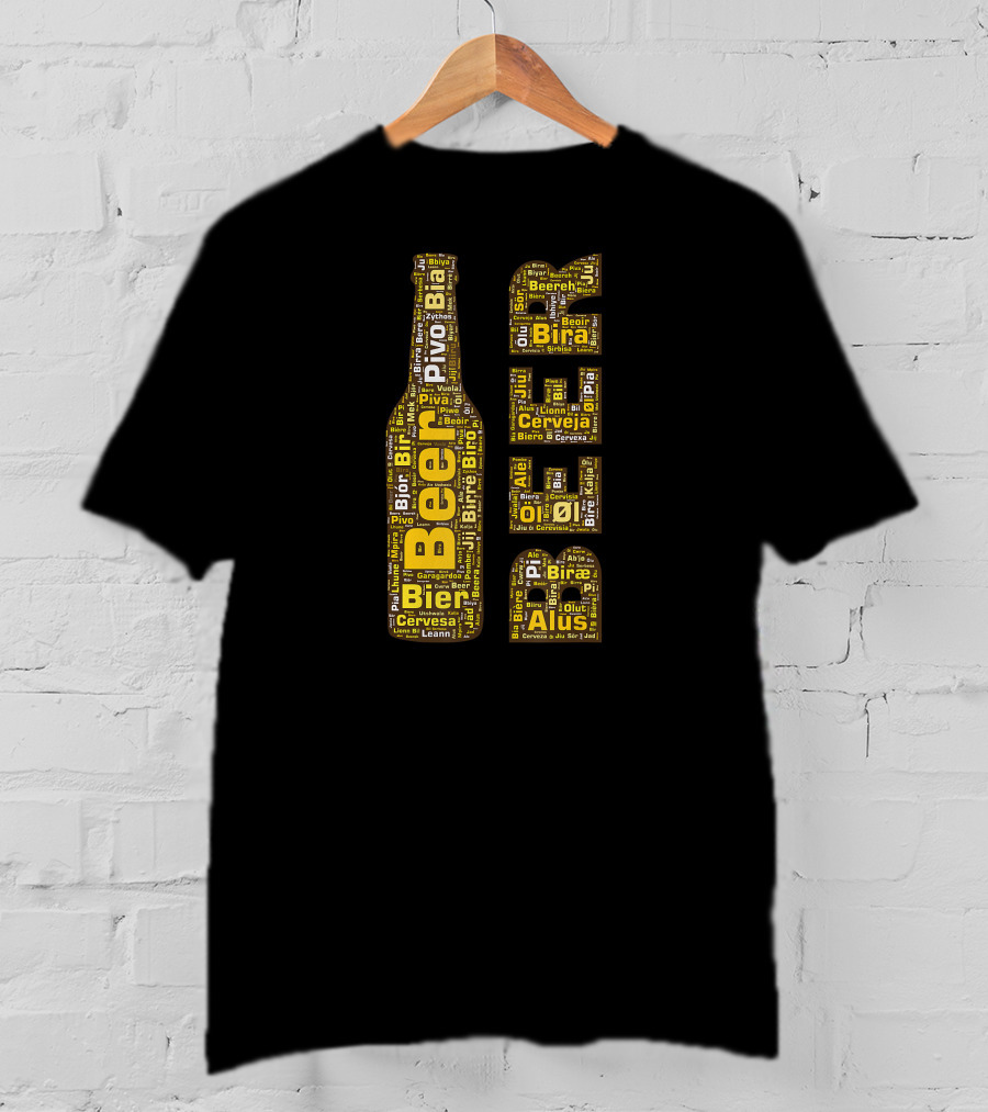 Beer Word Cloud With Bottle And Glasses In Multiple Languages T-Shirt