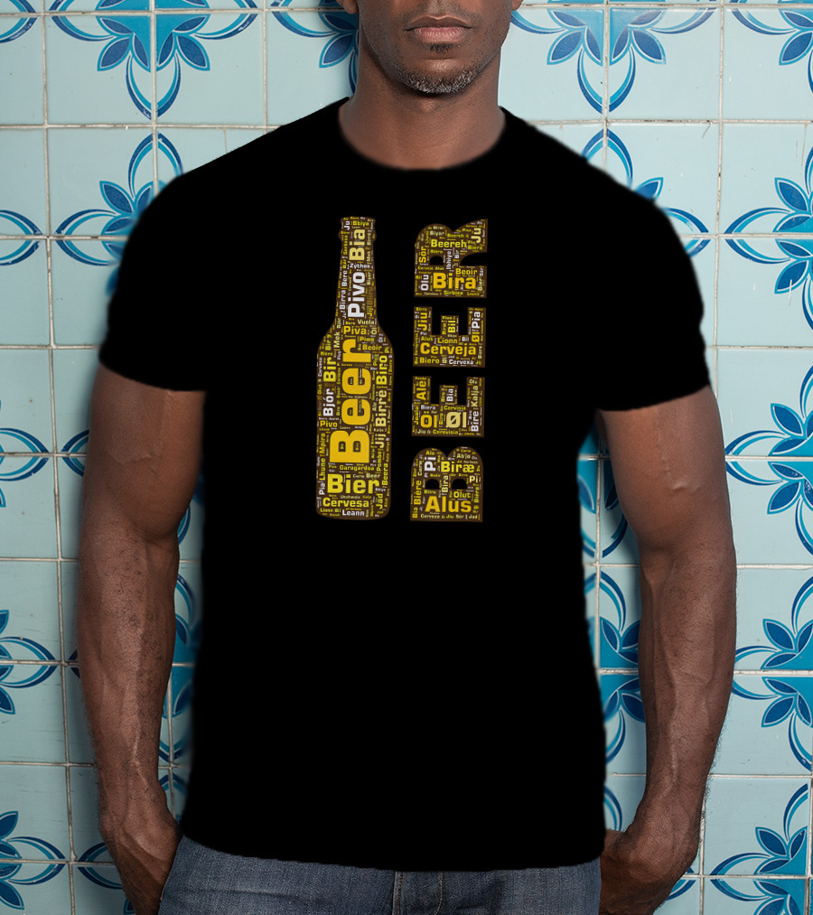 Beer Word Cloud With Bottle And Glasses In Multiple Languages T-Shirt