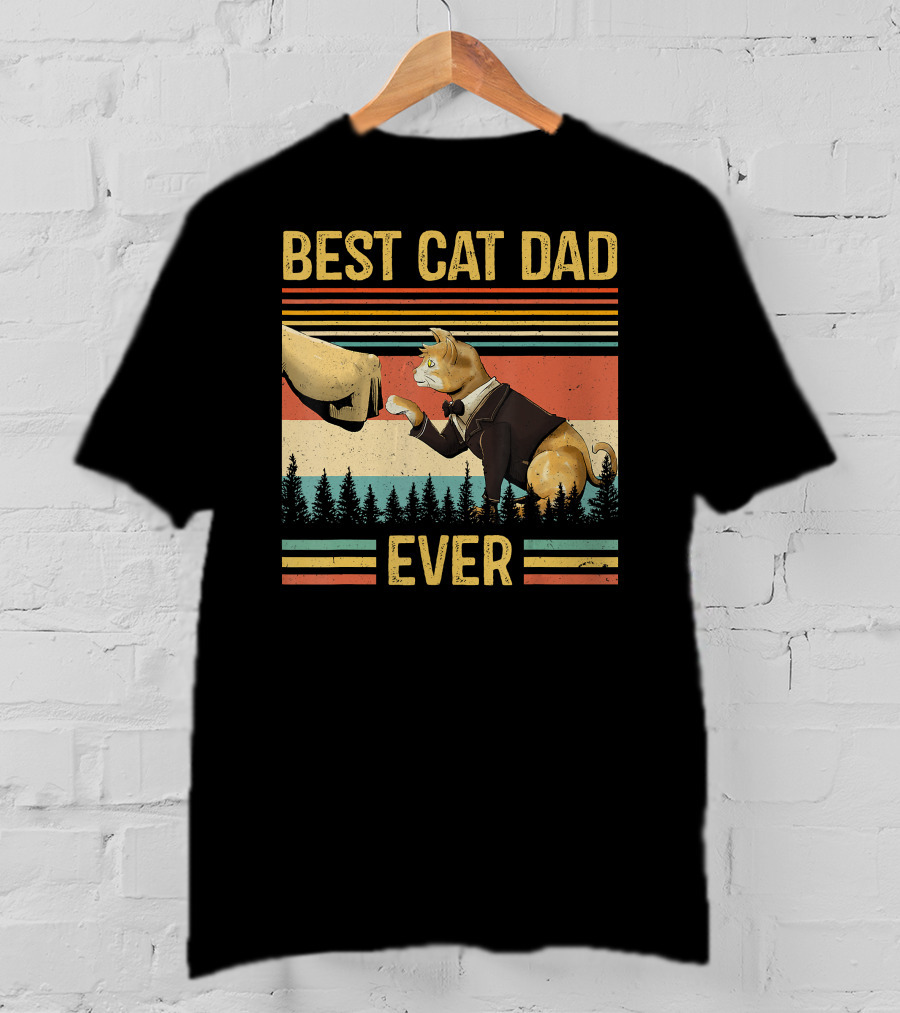 Best Cat Dad Ever Retro Paw Fist Bump Forest Stripes T-Shirt
