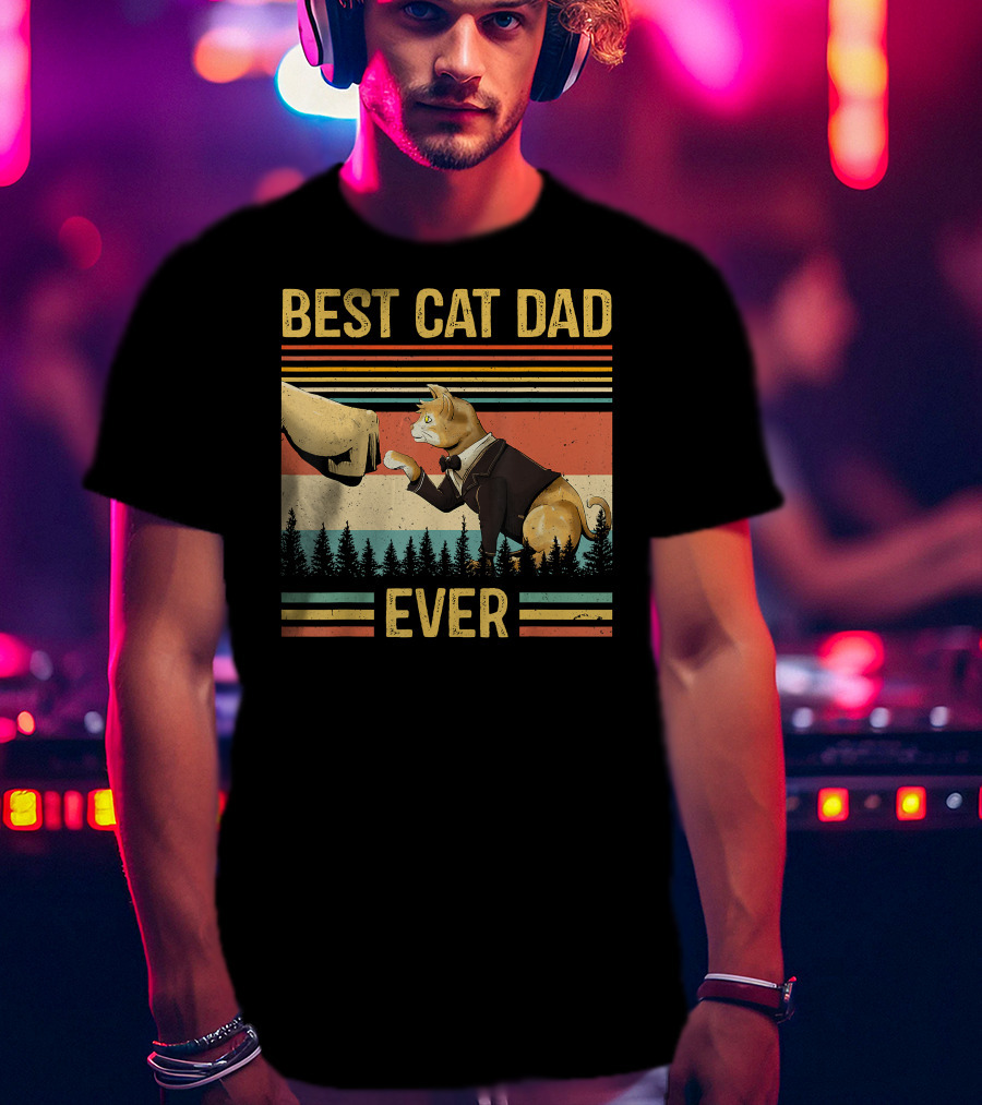 Best Cat Dad Ever Retro Paw Fist Bump Forest Stripes T-Shirt