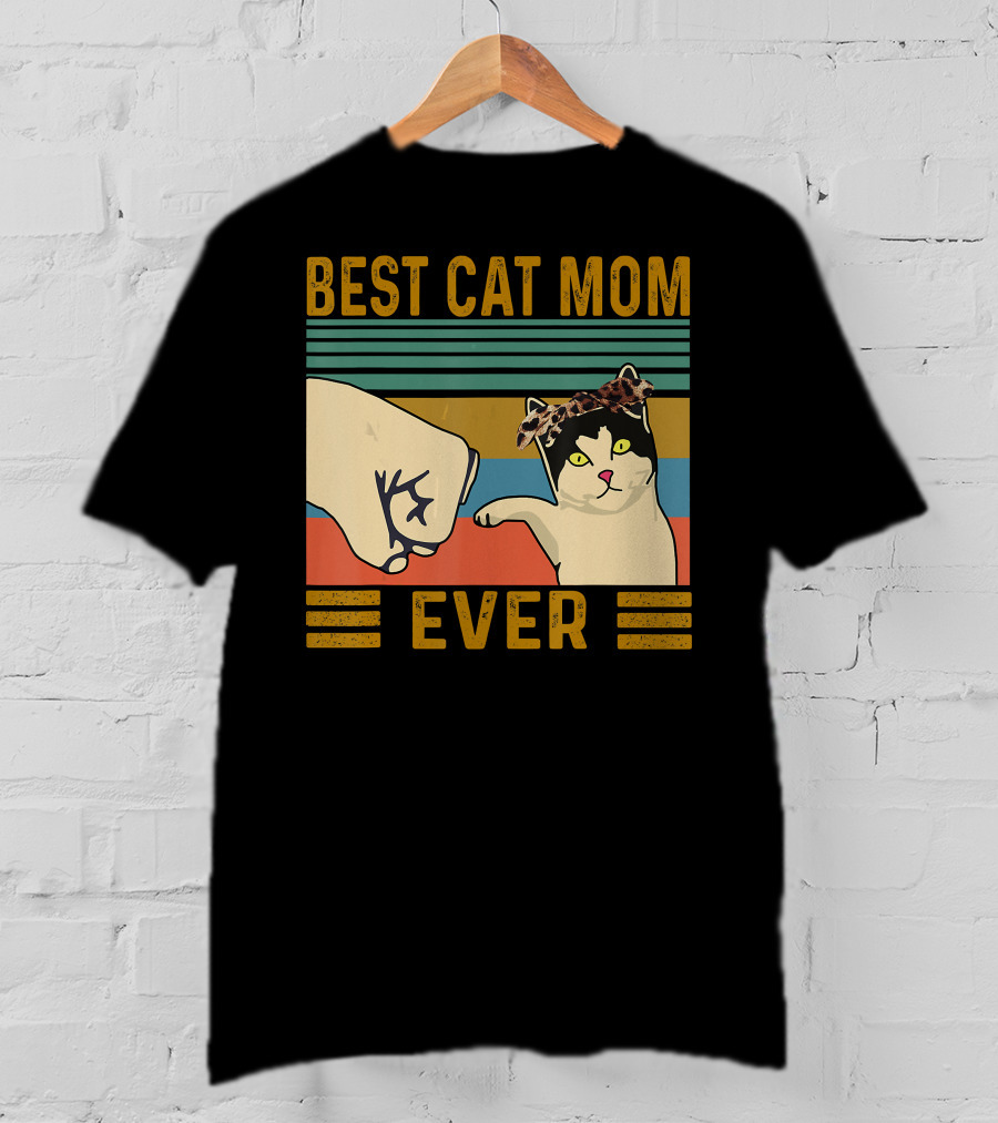 Best Cat Mom Ever Fist Bump Vintage Retro Cat With Headband T-Shirt