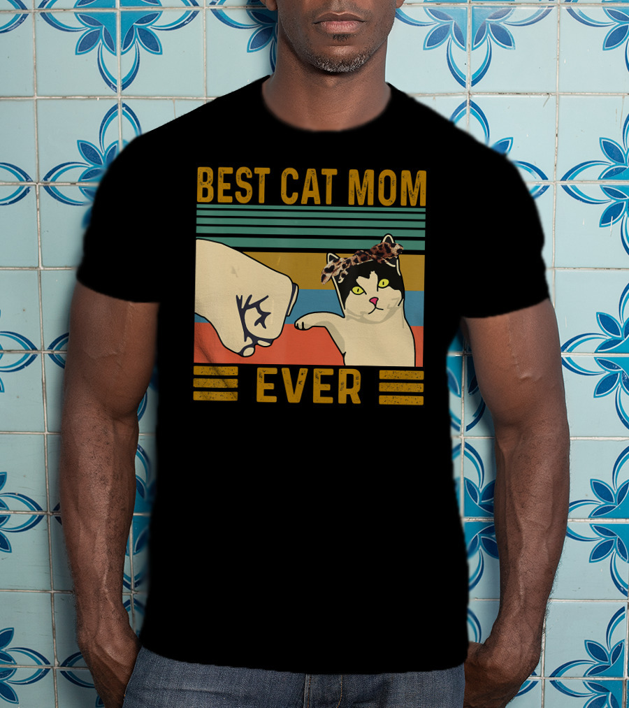 Best Cat Mom Ever Fist Bump Vintage Retro Cat With Headband T-Shirt
